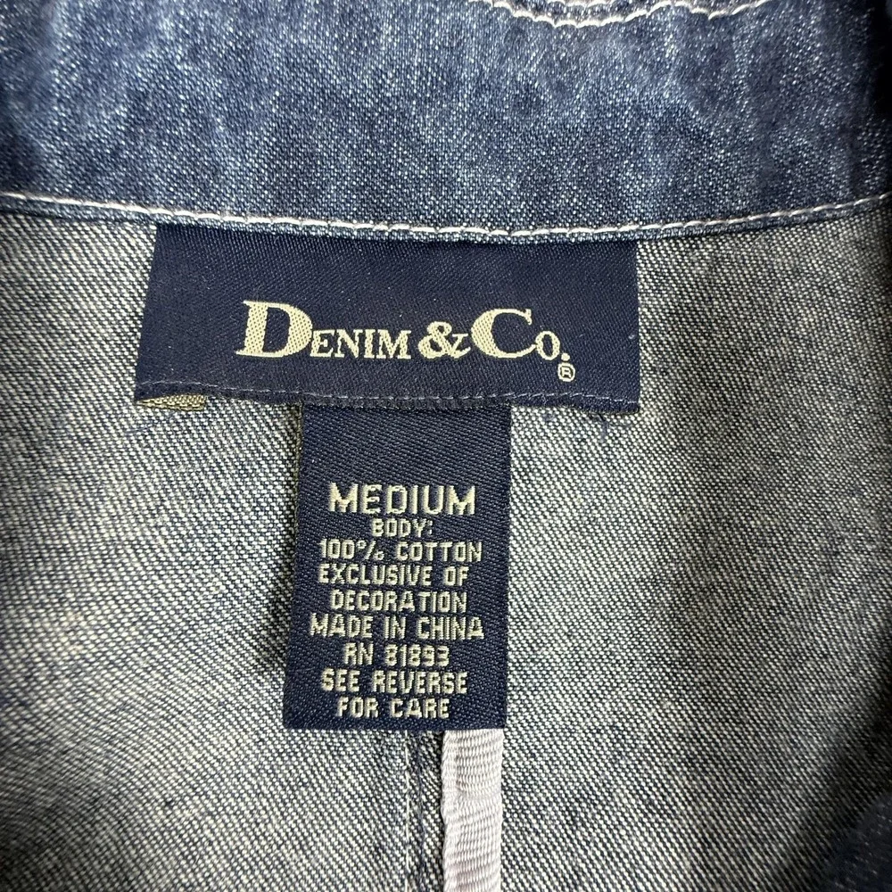 Denim & Co. Blazer Jacket Womens Medium Blue Denim Lace Trim Button Front Boho - Picture 5 of 15